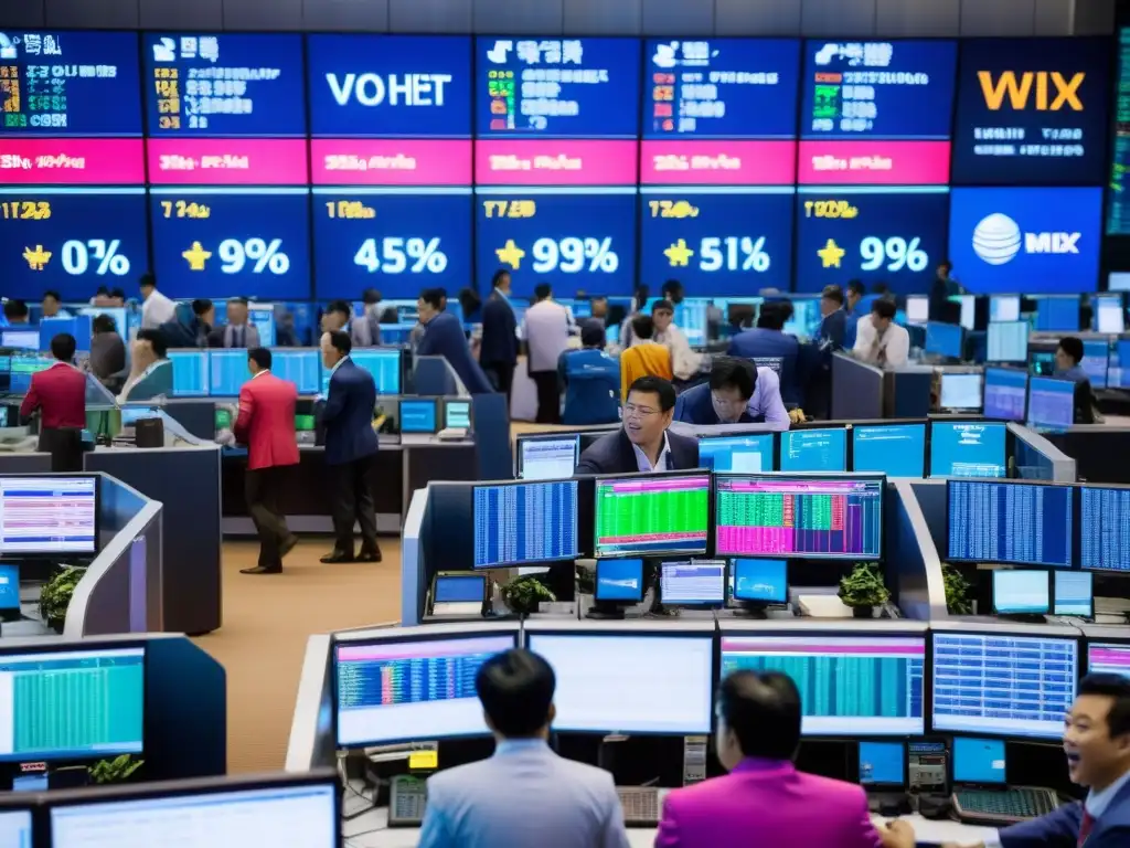 Traders en un bullicioso mercado de futuros en Asia, con gestos y gritos en un frenesí de actividad, mostrando datos de mercado en pantallas digitales