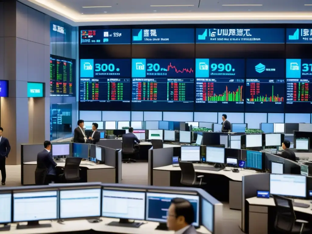 Traders e inversionistas enfocados en bonos asiáticos en una moderna institución financiera, reflejando dinamismo y determinación global