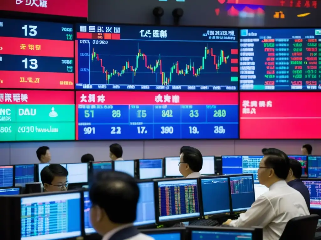 Traders ocupados en la bolsa de valores china, analizando gráficos y realizando transacciones