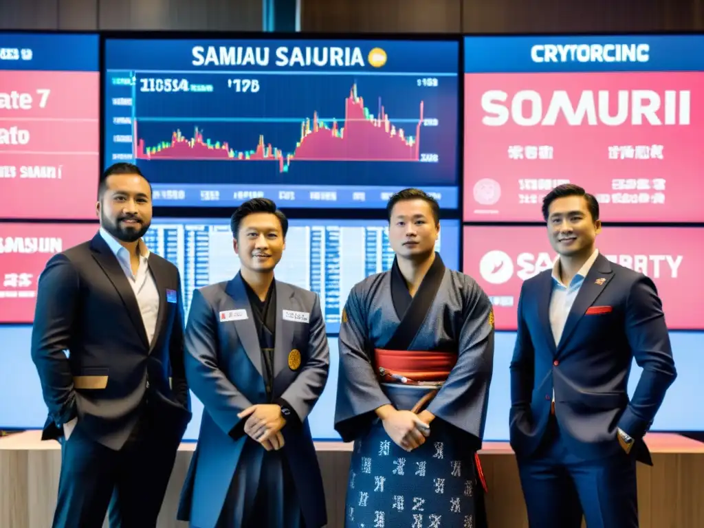 Traders samurái frente a tablero digital de criptomonedas, fusionando honor del Código Samurai con tecnología moderna