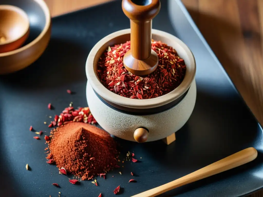 La tradición y el sabor del gochugaru en la cocina coreana, capturados en un molinillo de piedra lleno de vibrantes hojuelas rojas