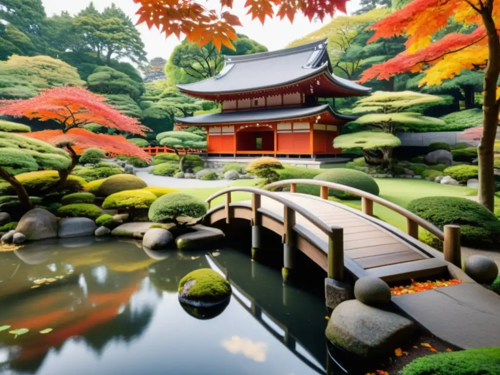 Jardín japonés tradicional con árboles, puente de madera, hojas de arce y pagoda, inspirando estrategias de inversión asiáticas