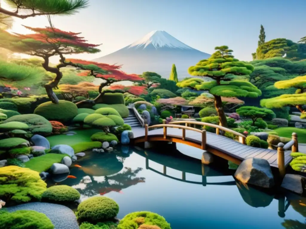 Un jardín japonés tradicional con bonsáis, estanque de koi, puente de madera y monte Fuji al fondo