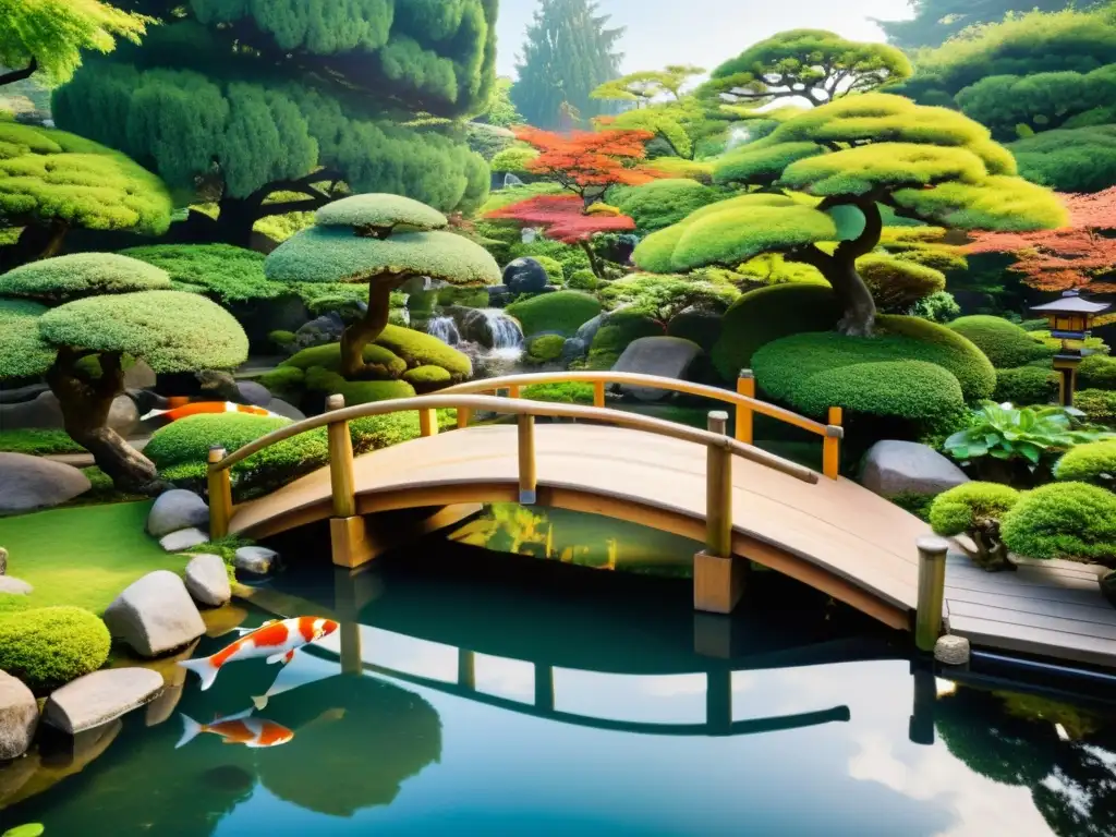 Un jardín japonés tradicional con bonsáis, estanque de peces koi, y un puente de madera