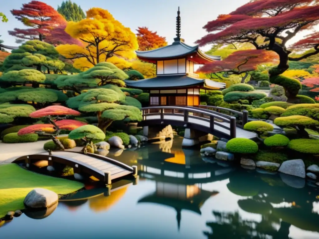 Un jardín japonés tradicional con bonsáis, estanque, puente de madera y pagoda al atardecer