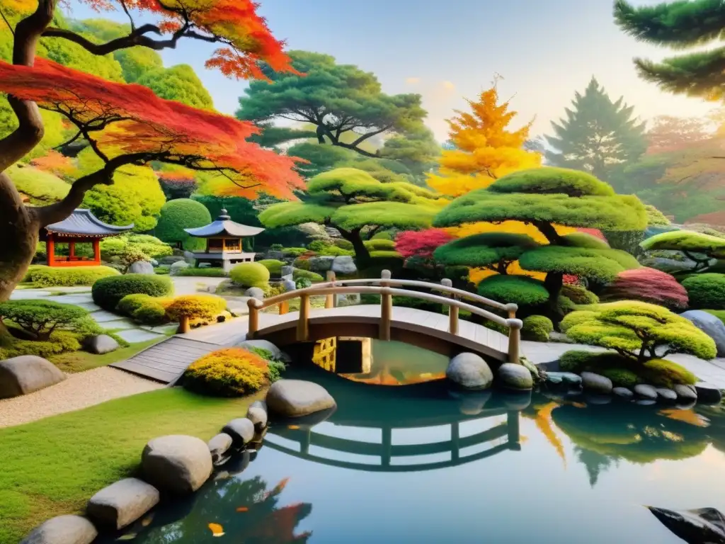 Un jardín japonés tradicional con bonsáis, un sereno estanque de koi y un puente de madera