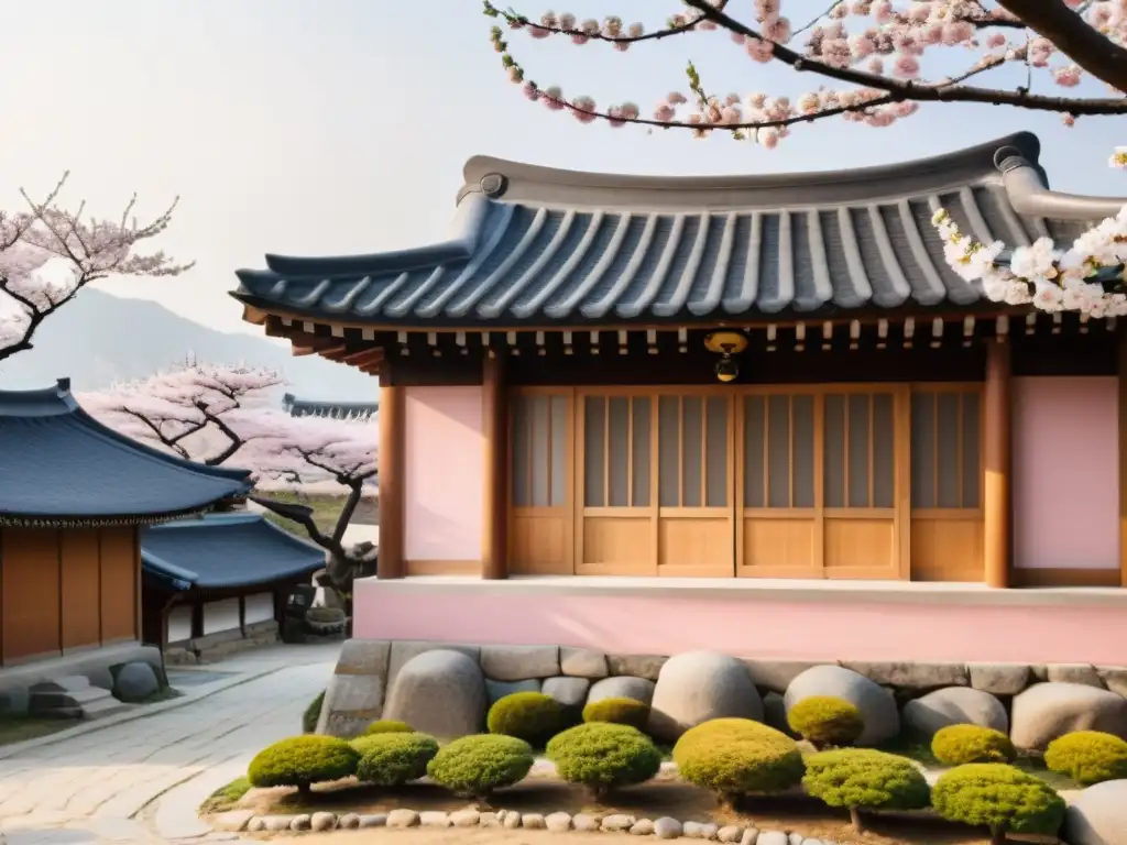 Tradicional casa Hanok en paisaje coreano con árboles de cerezo en flor, evocando alojamientos únicos historia coreana