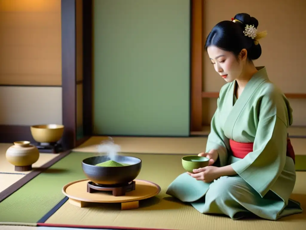 Una tradicional ceremonia del té japonés con un maestro preparando matcha en una sala tatami