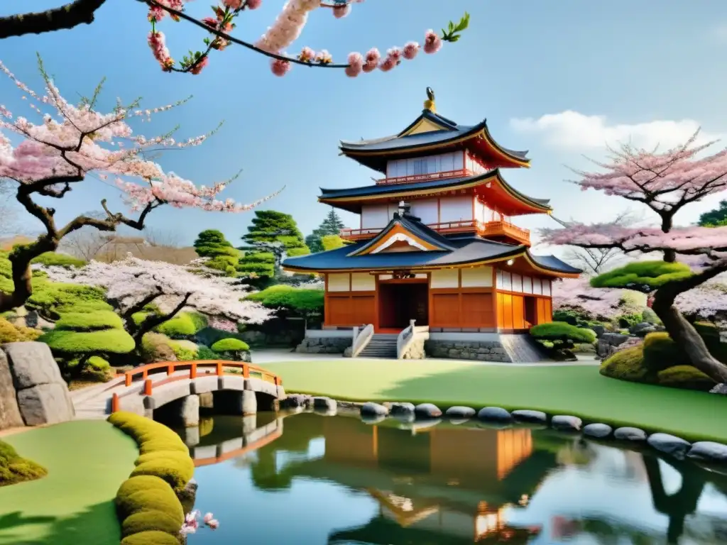 Jardín japonés tradicional con cerezos en flor y castillo samurái, reflejando la dualidad poética de la cultura asiática