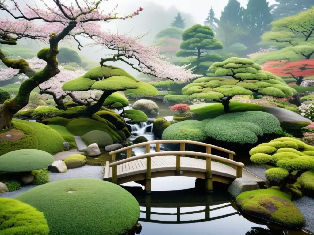 Un jardín japonés tradicional con cerezos en flor, puente sobre arroyo y atmósfera calmada, ideal para aromaterapia oriental reducción estrés