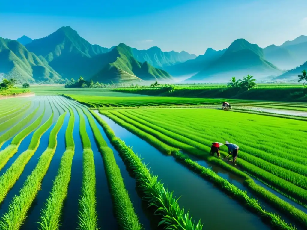 Tradicional agricultura china con fertilización orgánica en arrozal verde, trabajadores y montañas neblinosas