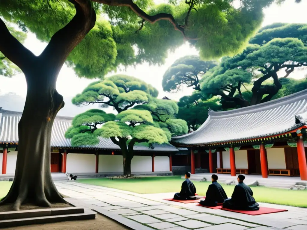 Academia tradicional confuciana con estudiantes y maestro bajo un árbol centenario