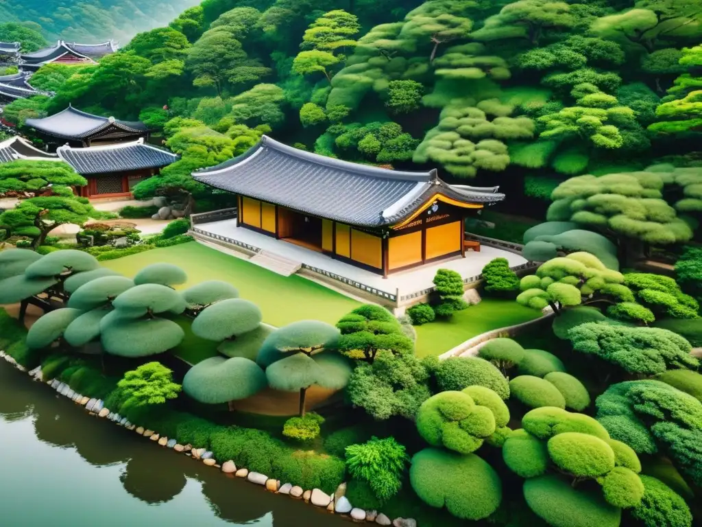 Casa Hanok tradicional coreana integrada armoniosamente en un exuberante paisaje natural con río sereno