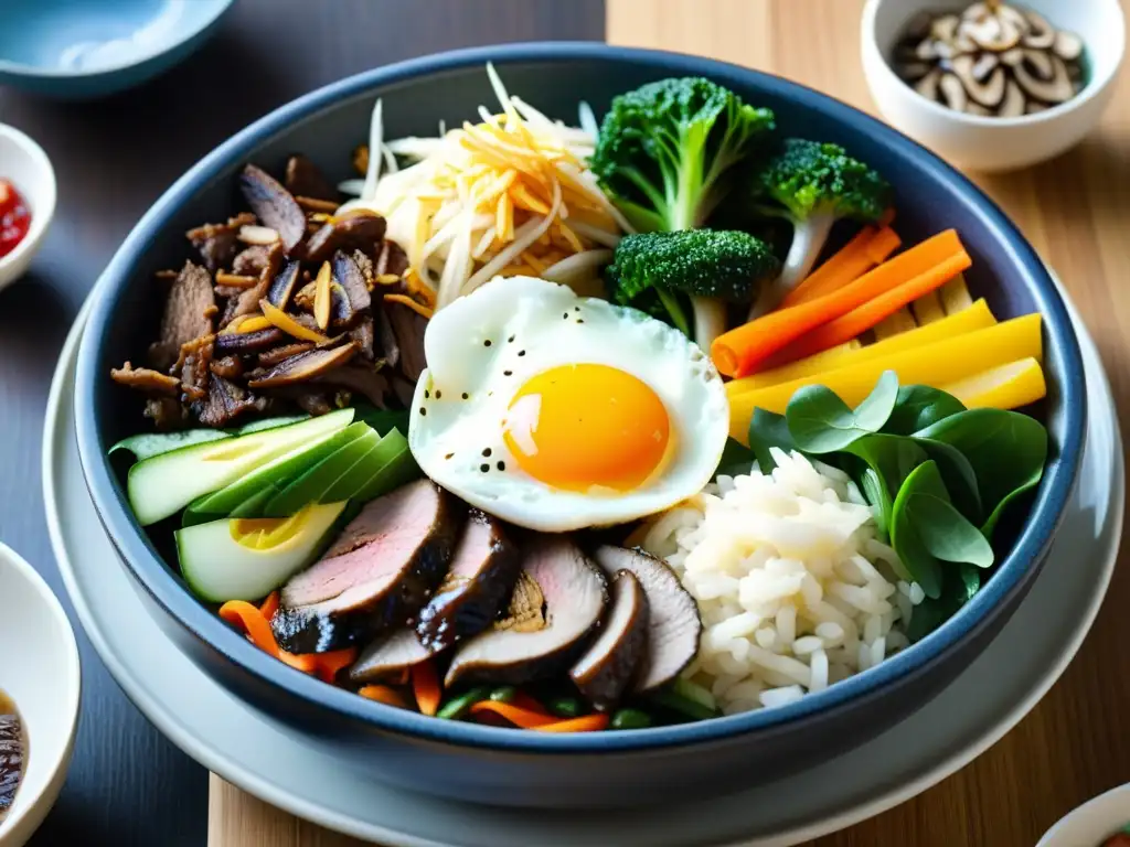 Un bibimbap tradicional coreano, con arroz, carne, huevo y vegetales, servido en un cuenco de piedra, emitiendo vapor reconfortante