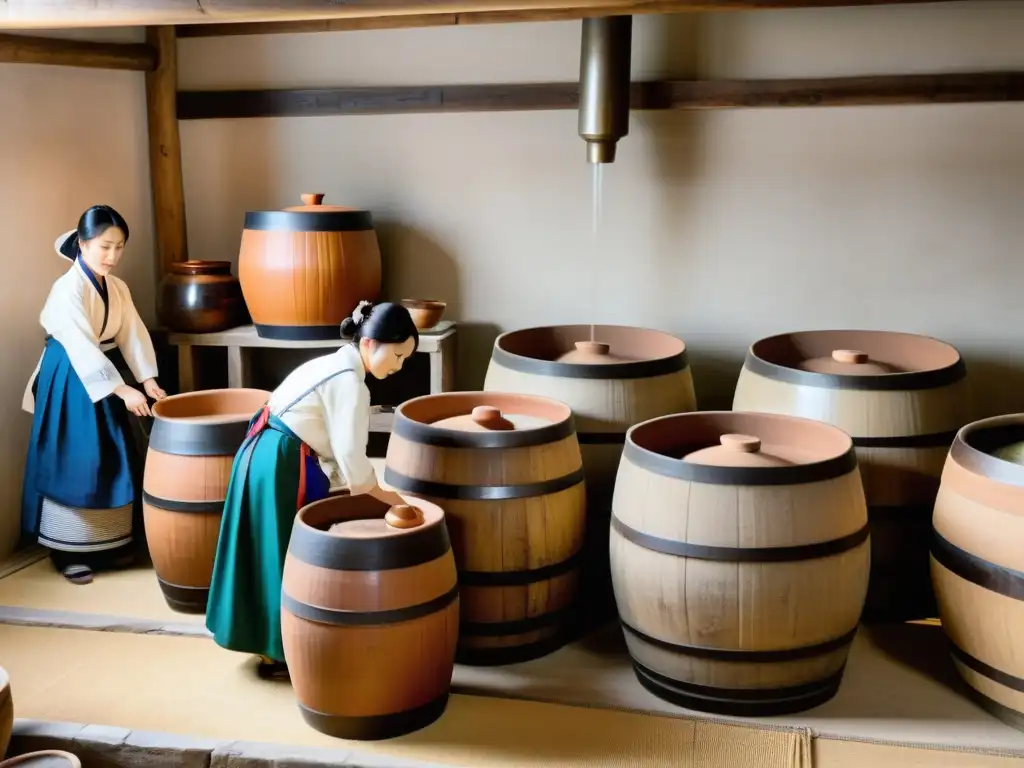 Elaboración artesanal de soju coreano Tradicional elaboración del Soju coreano con artesanos en hanbok cuidando la fermentación y destilación en un ambiente cálido y detallado