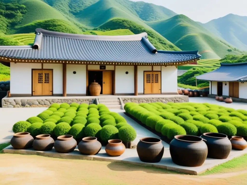 Destilería tradicional de Soju en las montañas La elaboración tradicional del Soju coreano se lleva a cabo en una destilería rodeada de montañas verdes y trabajadores ataviados con ropa tradicional