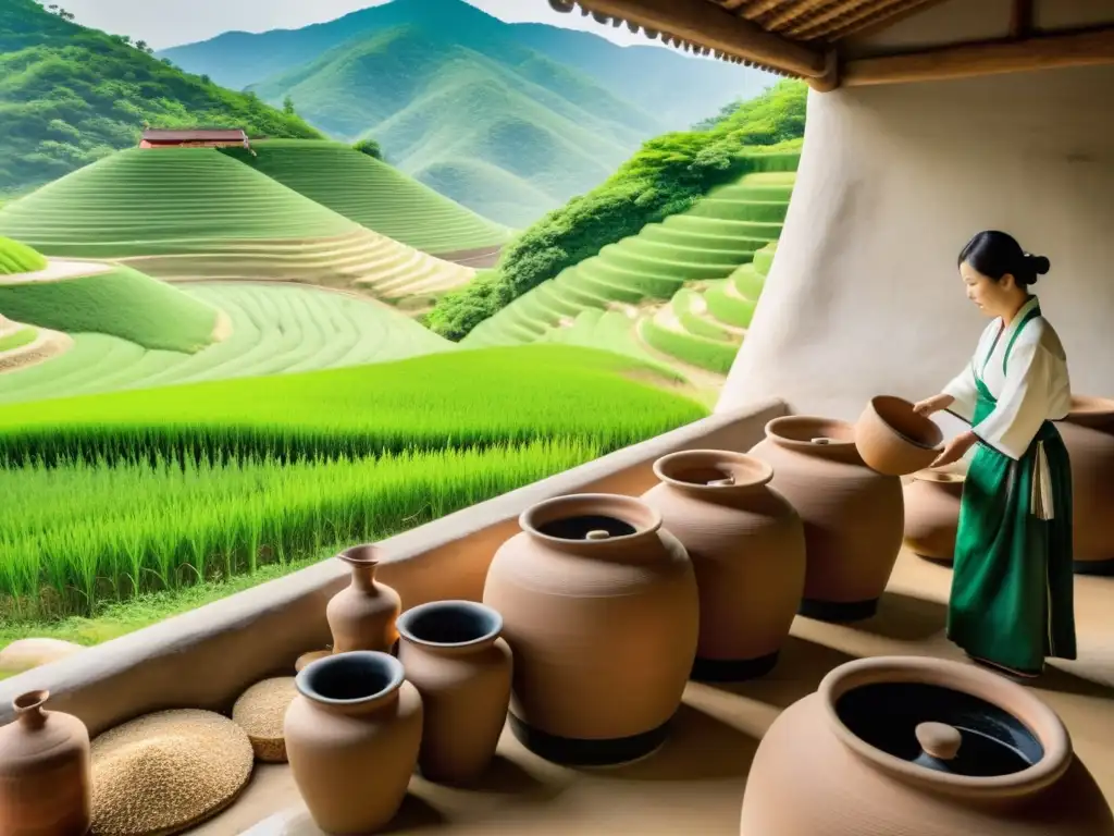 Destilería tradicional de soju: proceso artesanal en Corea Tradicional destilería de Soju coreano con trabajadores en ropa tradicional, montañas verdes al fondo y vapor sobre las ollas de fermentación