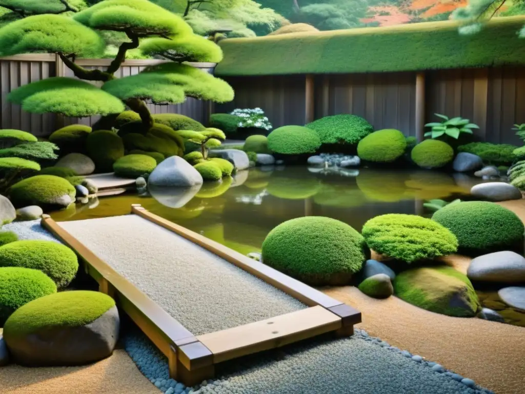 Jardín japonés tradicional con diseño sereno y armonioso, reflejando la esencia del haiku japonés en su belleza natural y tranquilidad