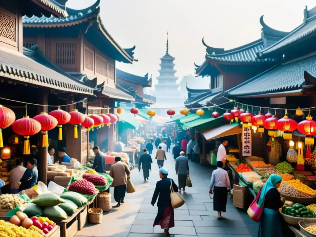 Fotografía tradicional en Asia: Escena bulliciosa de un mercado con vendedores, productos coloridos y artesanías hechas a mano