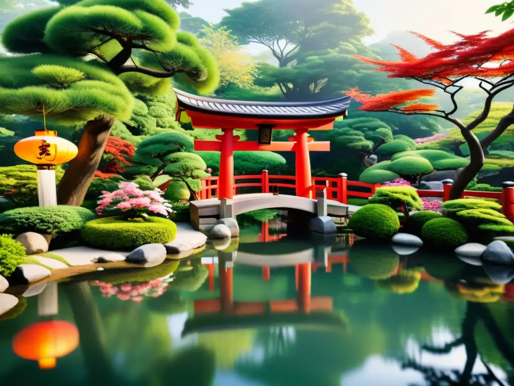 Jardín japonés tradicional con vegetación exuberante, flores coloridas y un estanque sereno con peces koi