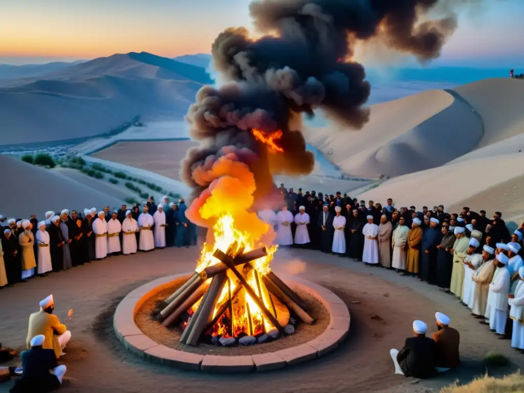 Celebración de Sadeh tradicional en Irán con un gran fuego rodeado de personas en atuendos tradicionales, iluminados por las llamas doradas