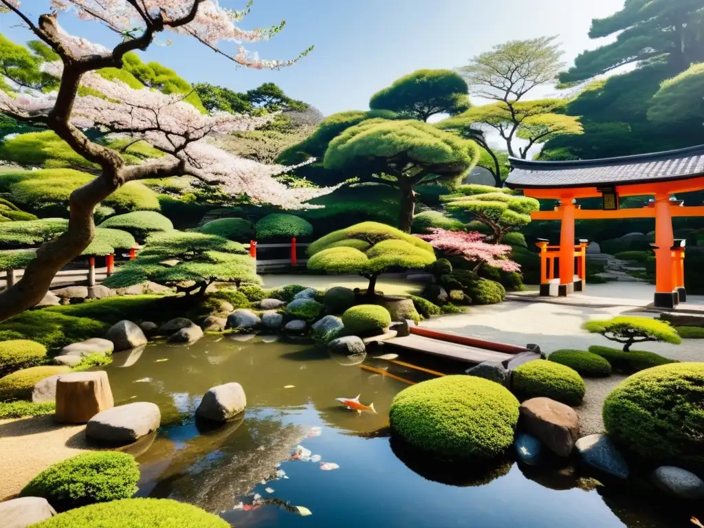 Un jardín japonés tradicional con grava cuidadosamente rastrillada, exuberante vegetación y un estanque sereno con peces koi