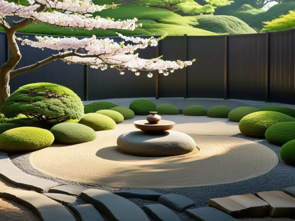 Un jardín zen tradicional con grava cuidadosamente rastrillada, rocas dispuestas y un fondo de exuberante vegetación y cerezos en flor