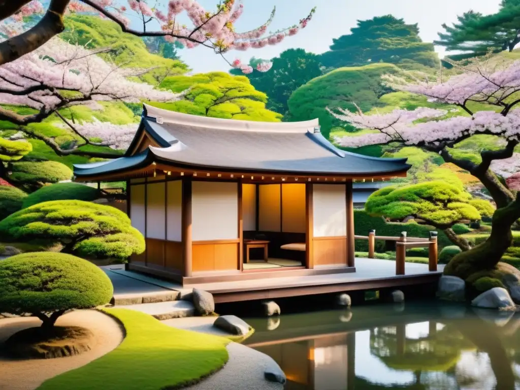 Un tradicional tea house japonés entre cerezos en flor, reflejando la influencia de la arquitectura asiática contemporánea