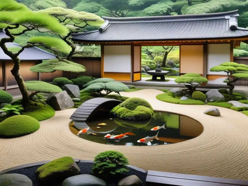 Un jardín Zen tradicional japonés con cuidados detalles en piedra y musgo, rodeado de un cerco de madera