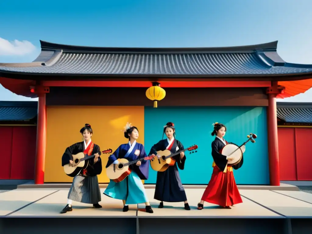 Fusión música JPop tradicional: Ensemble japonés en vibrante actuación urbana, fusionando trajes e instrumentos tradicionales con arquitectura moderna