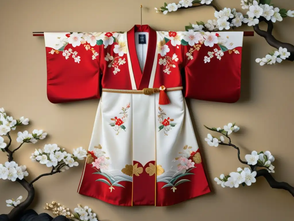 Tradicional kimono nupcial japonés con bordados detallados y motivos florales y de grullas, destacado entre delicadas flores de cerezo