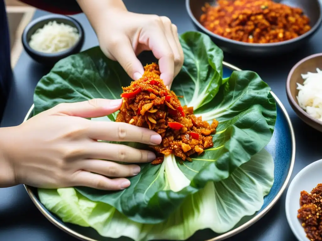 Preparación tradicional de Baechukimchi: manos expertas masajeando pasta de chile en hojas de col Napa, destacando la mejor versión del Kimchi