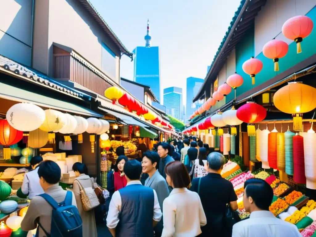 Fotografía tradicional en Asia: Mercado callejero bullicioso en Tokio con linternas japonesas y puestos coloridos