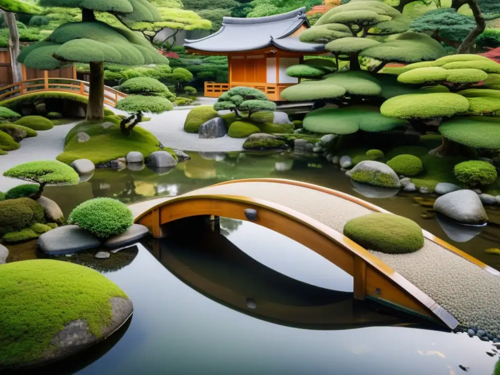 Un jardín japonés tradicional con meticulosos diseños en grava, rocas y musgo, rodeado de exuberante vegetación y un estanque sereno