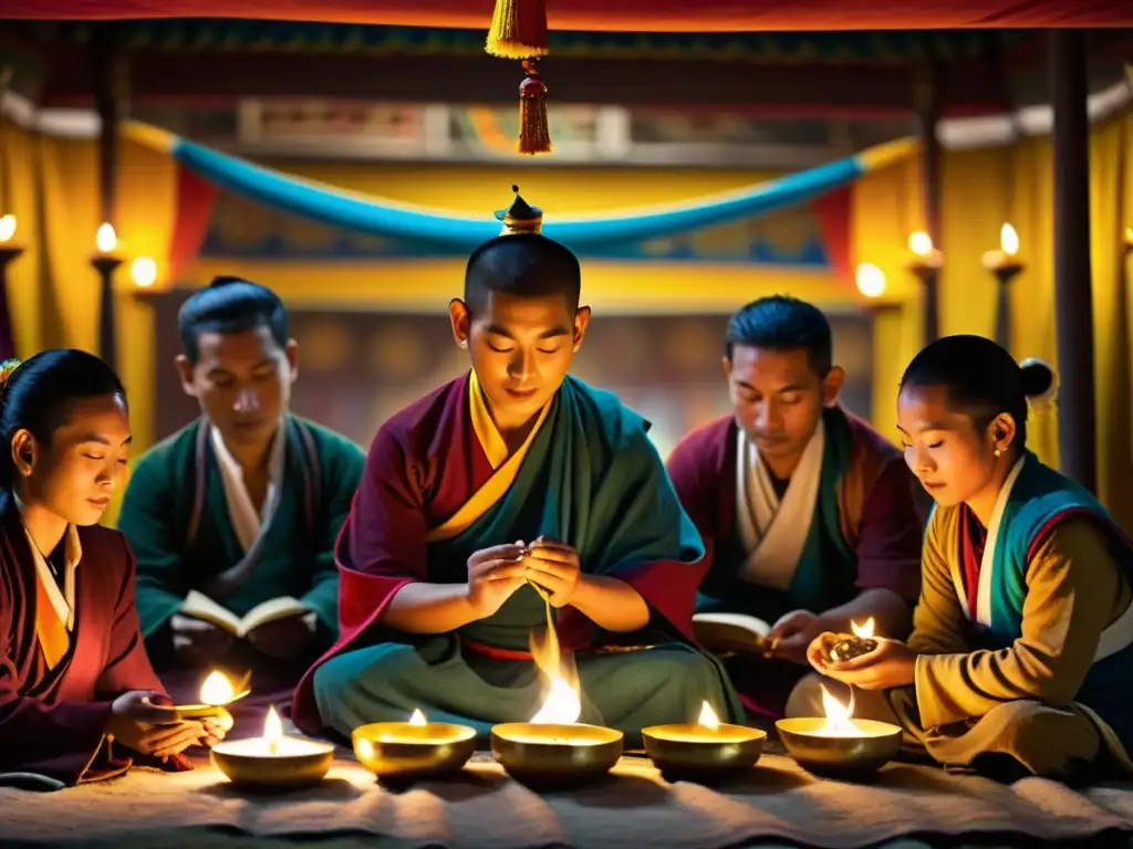 Música tradicional tibetana: músicos en un templo iluminado por lámparas de mantequilla, rezos y expresiones enfocadas