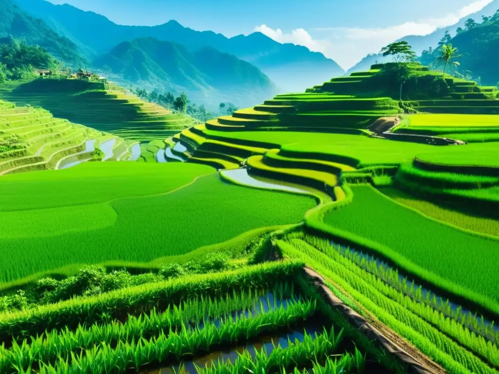 Tradicional agricultura en armonía con la naturaleza: campos de arroz en terrazas en Asia, aplicando principios de permacultura