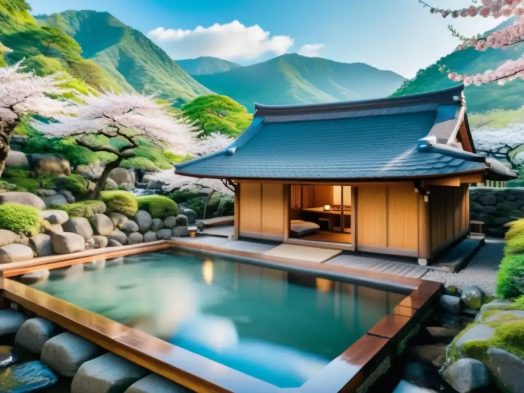 Tradicional onsen japonés con aguas cristalinas, rodeado de naturaleza serena y vapor purificador