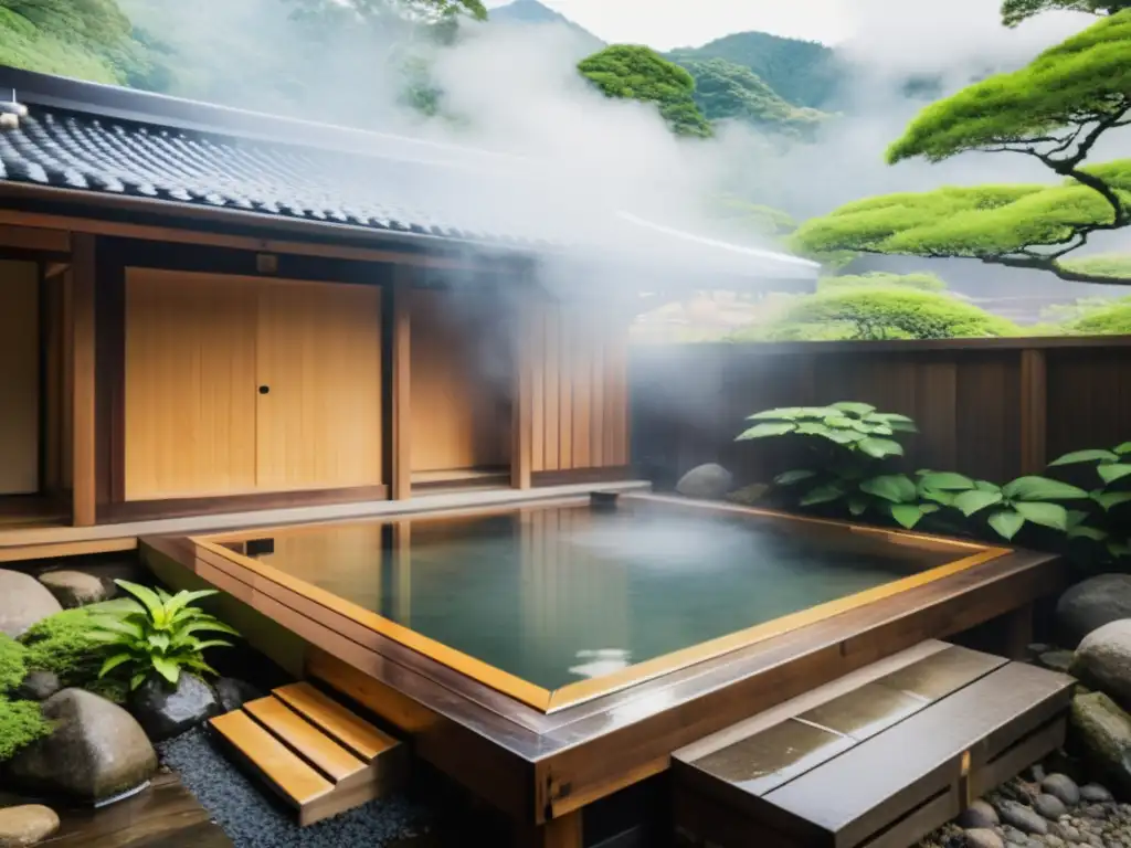 Tradicional onsen japonés con baños de vapor y naturaleza exuberante, purificando en la tradición asiática