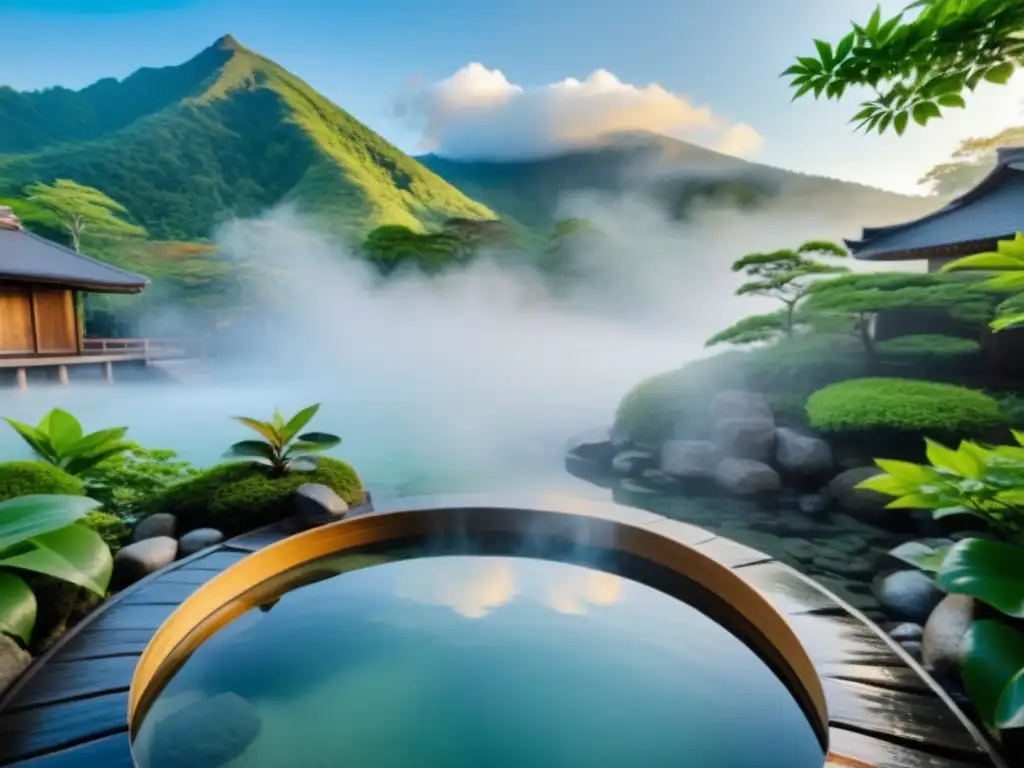 Un tradicional onsen japonés rodeado de exuberante vegetación, con vapor elevándose del agua cristalina