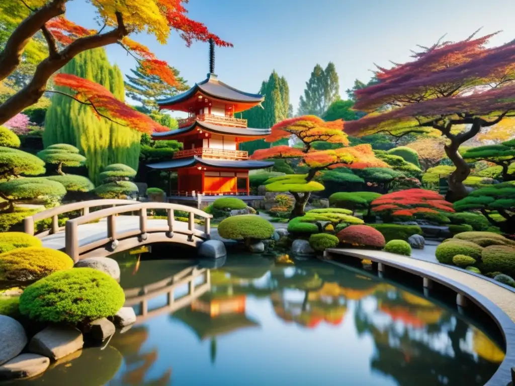 Jardín japonés tradicional con paisaje otoñal y arquitectura asiática, invita a la inversión en salud y bienestar asiático