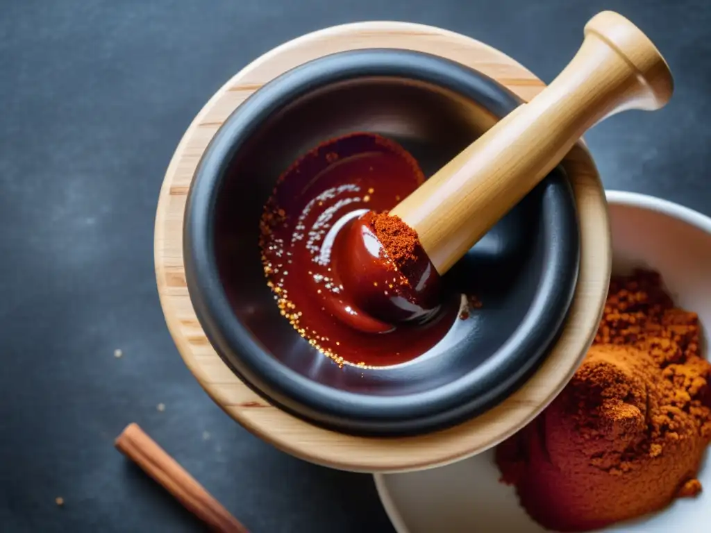 Preparación tradicional de pasta de chile coreana Kochujang en mortero de madera, mostrando textura y color vibrante