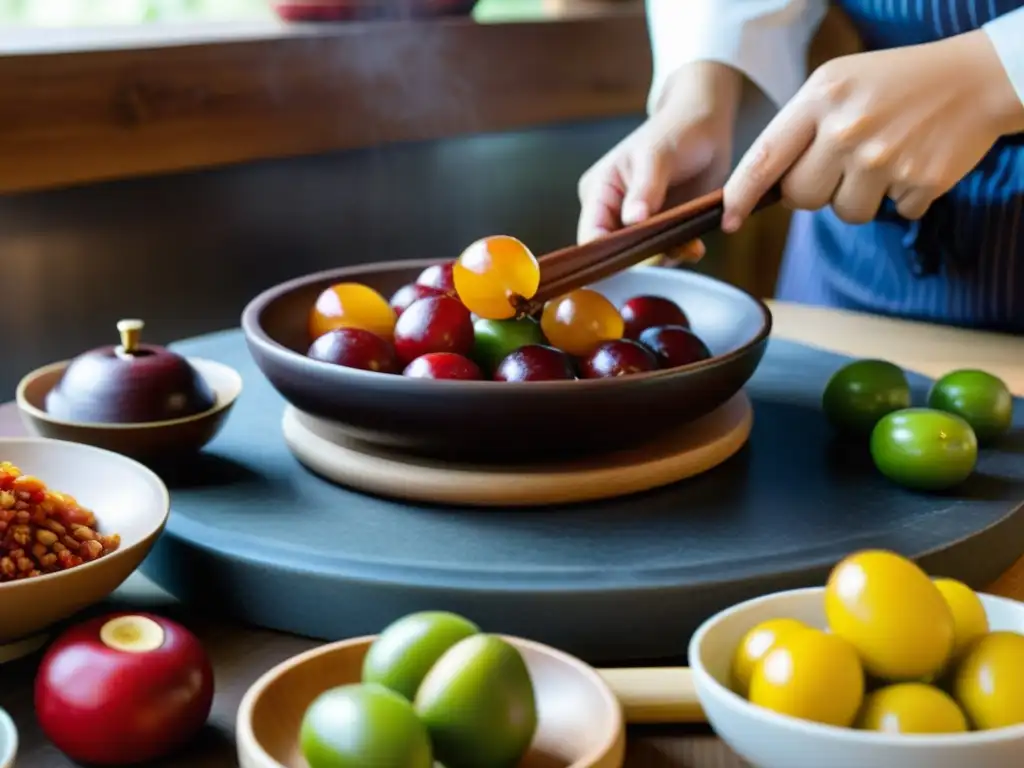 Preparación tradicional de postre coreano con jujube, resaltando la destreza culinaria y los beneficios del jujube en postres