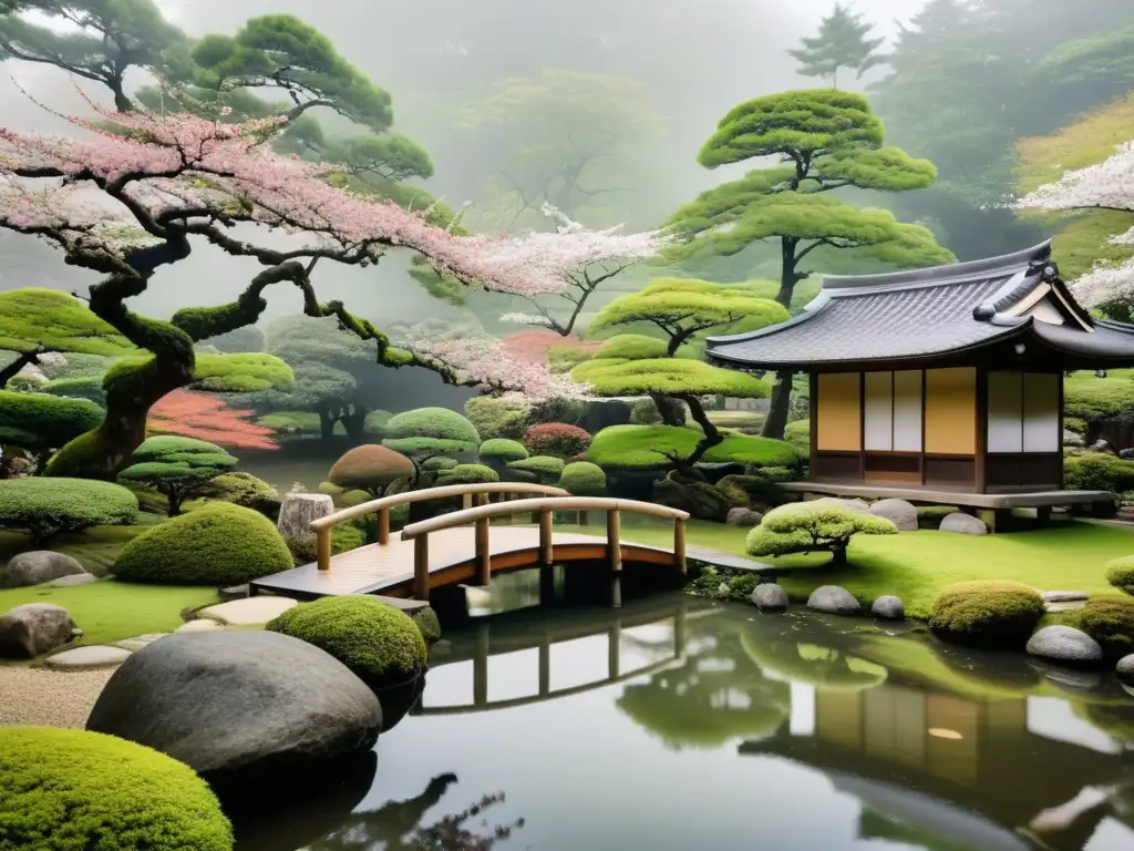 Un jardín japonés tradicional con un puente de madera, un estanque tranquilo y una casa de té, refleja la integración de sabiduría oriental en MBA