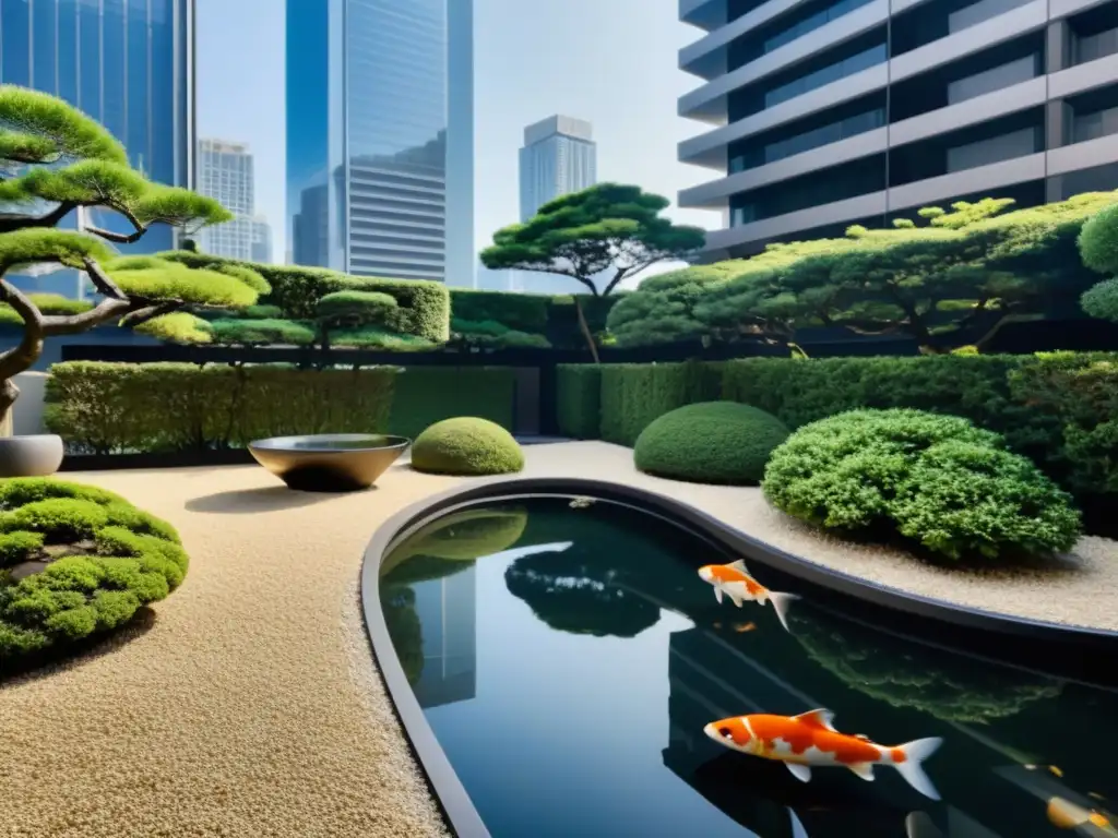 Jardín japonés en el corazón urbano: armonía ancestral y modernidad Un jardín japonés tradicional entre rascacielos, mostrando la armonía entre diseño antiguo y arquitectura contemporánea, joyas del diseño asiático