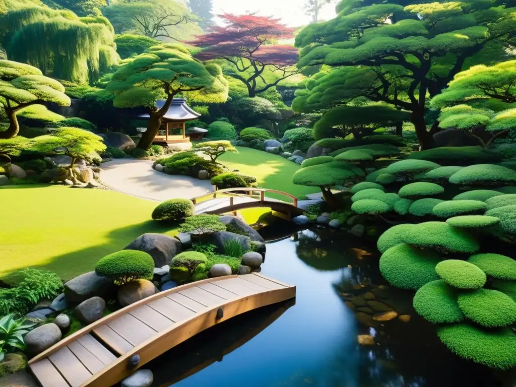 Jardín japonés tradicional con roca, arroyo y vegetación exuberante, rodeado de árboles altos