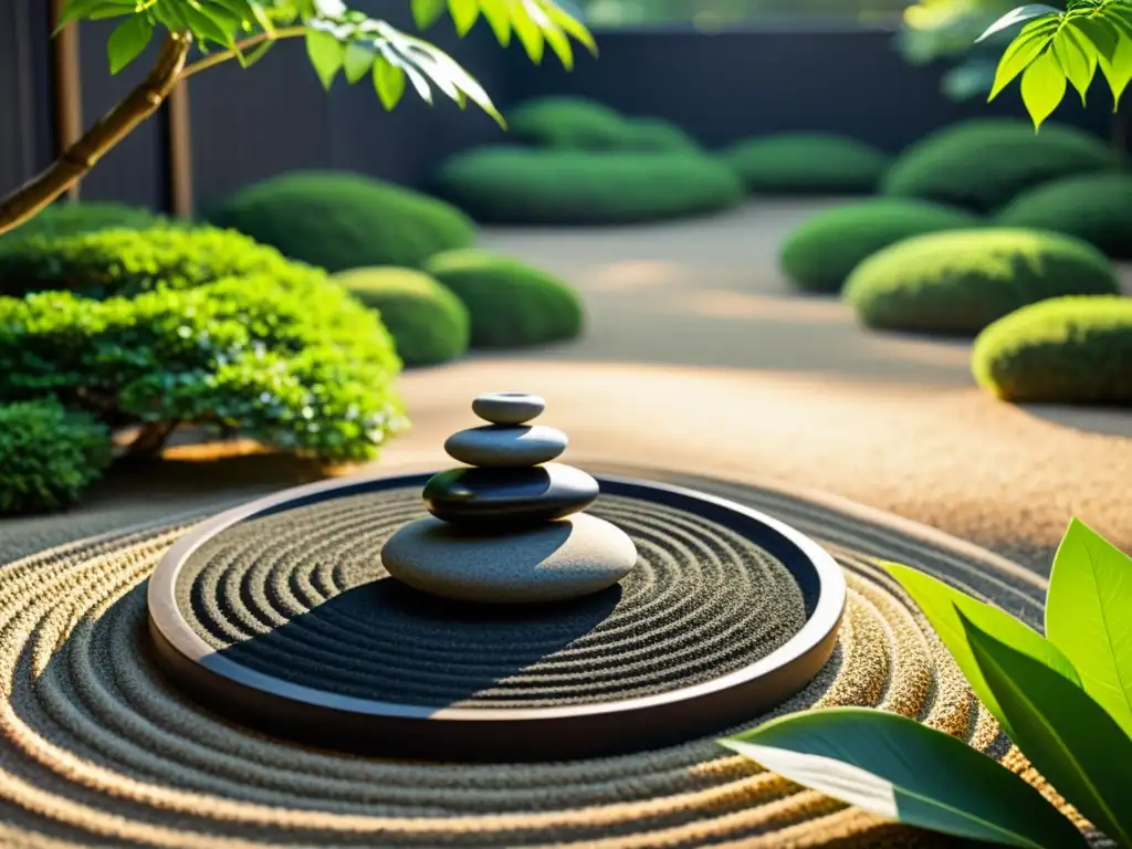 Un jardín Zen tradicional, con rocas, grava y vegetación, evocando serenidad y la filosofía Zen