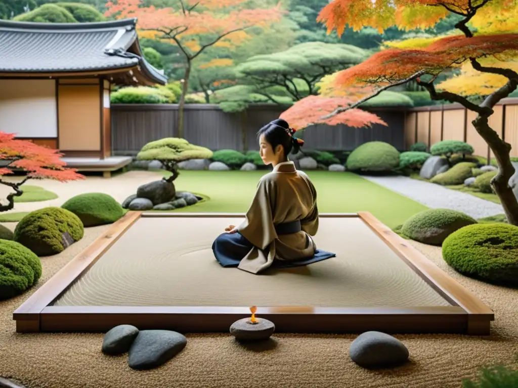 Un jardín Zen tradicional con samurai en meditación, rodeado de naturaleza exuberante y serenidad