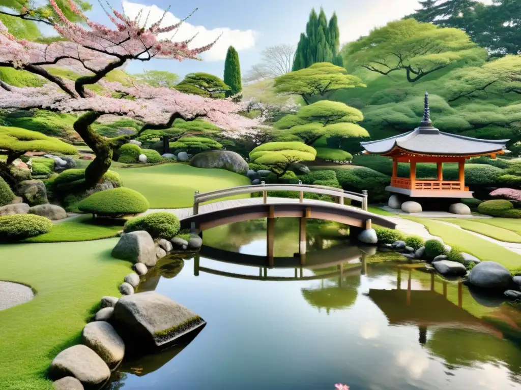 Jardín japonés tradicional con samurái en contemplación