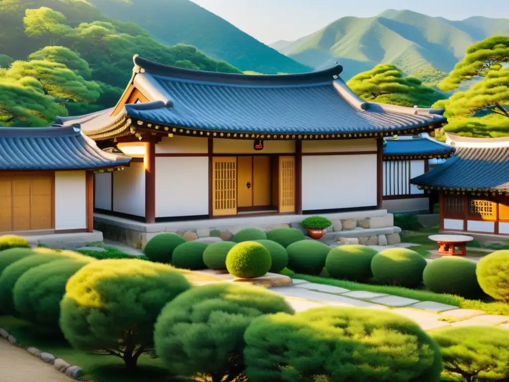 Tradicional Hanok en la serena campiña coreana, con arquitectura de madera y techo de tejas