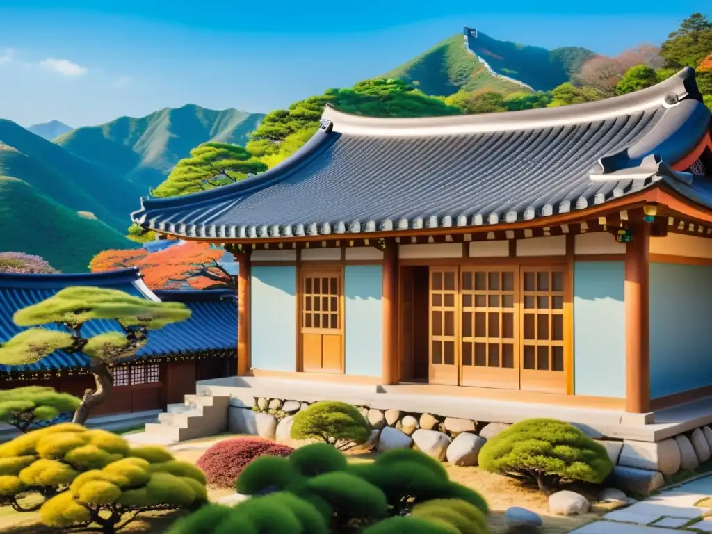 Tradicional Hanok en verdes colinas, cielo azul y jardín de flores, capturando alojamientos únicos historia coreana